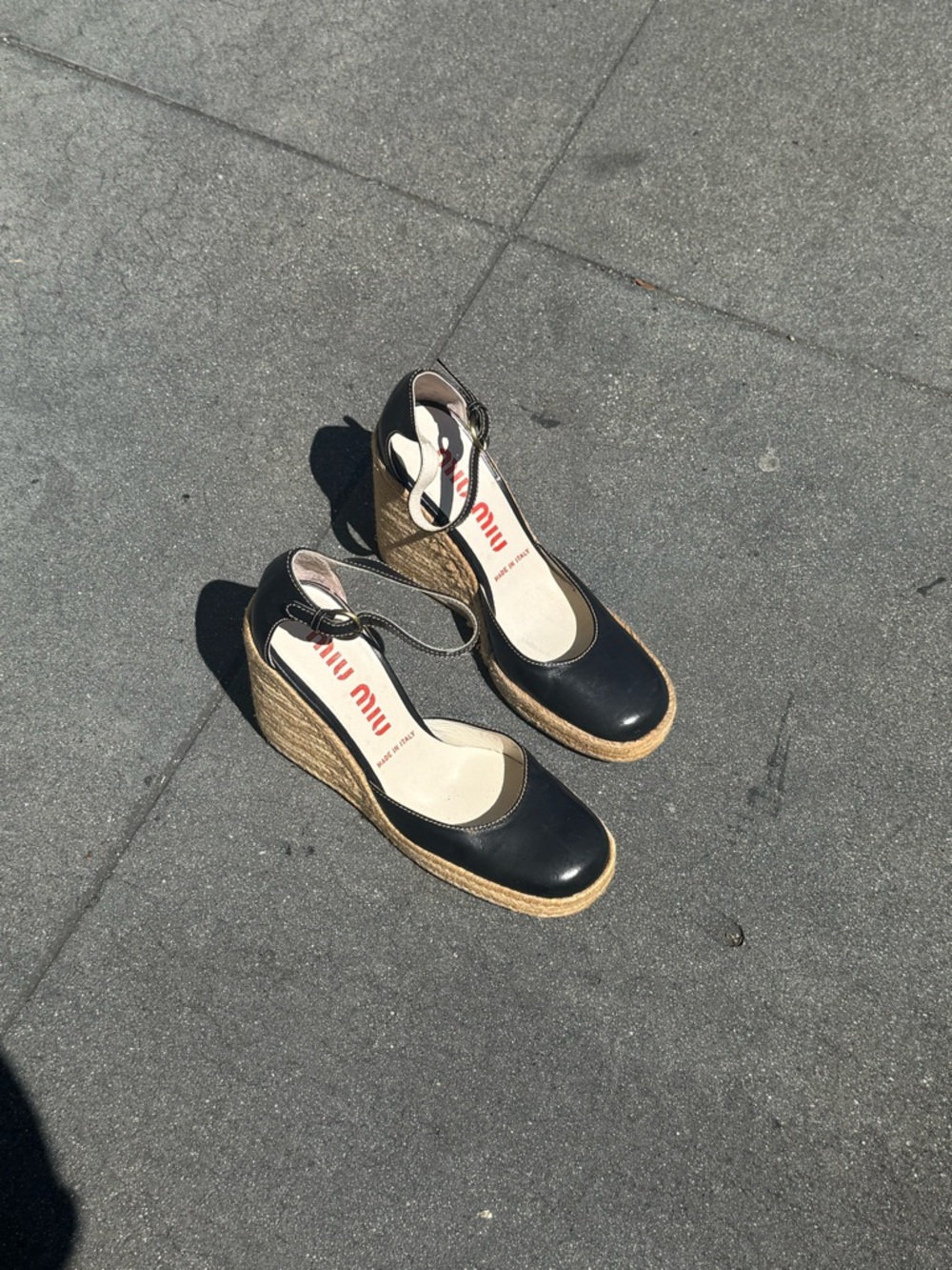 Miu Miu Black Leather Wedge Espadrille Sandals with Ankle Strap